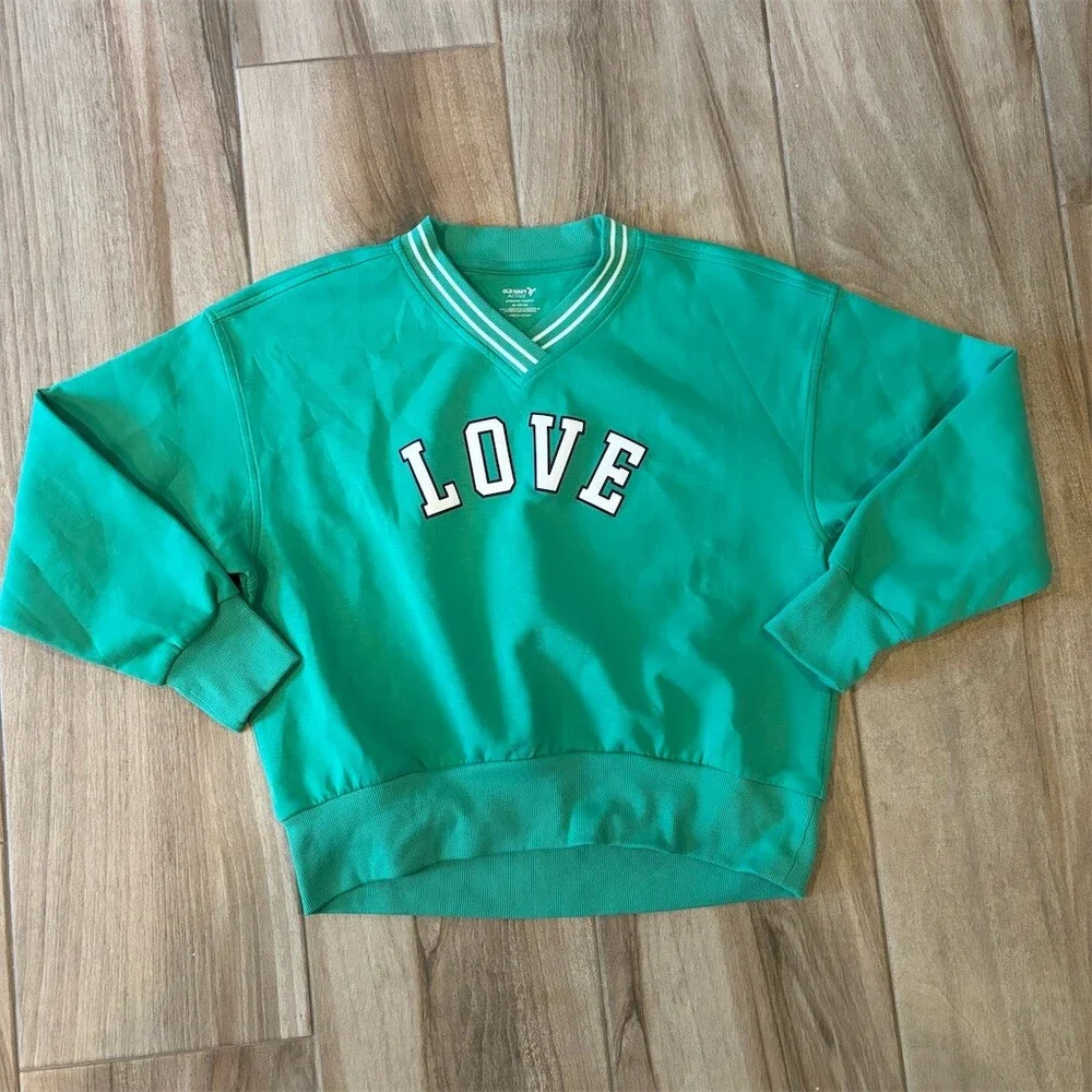 Old Navy Active Girls Sweatshirt XL 14-16 Green V-Neck LOVE Graphic